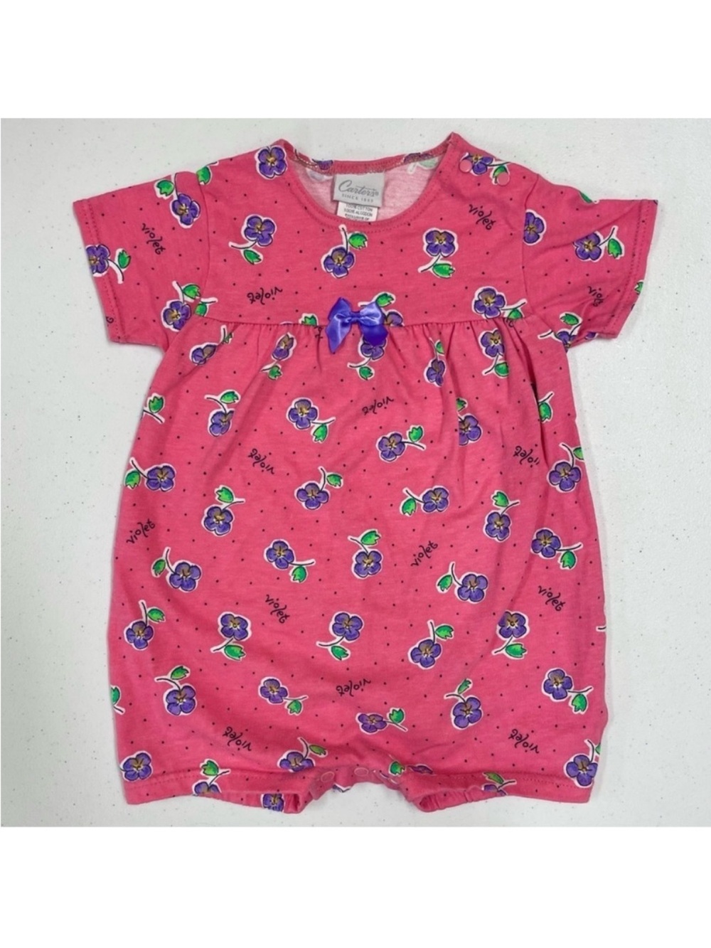 New Vintage Carters Romper Girls 9-12M Violets Pink Purple Made in USA Flowers